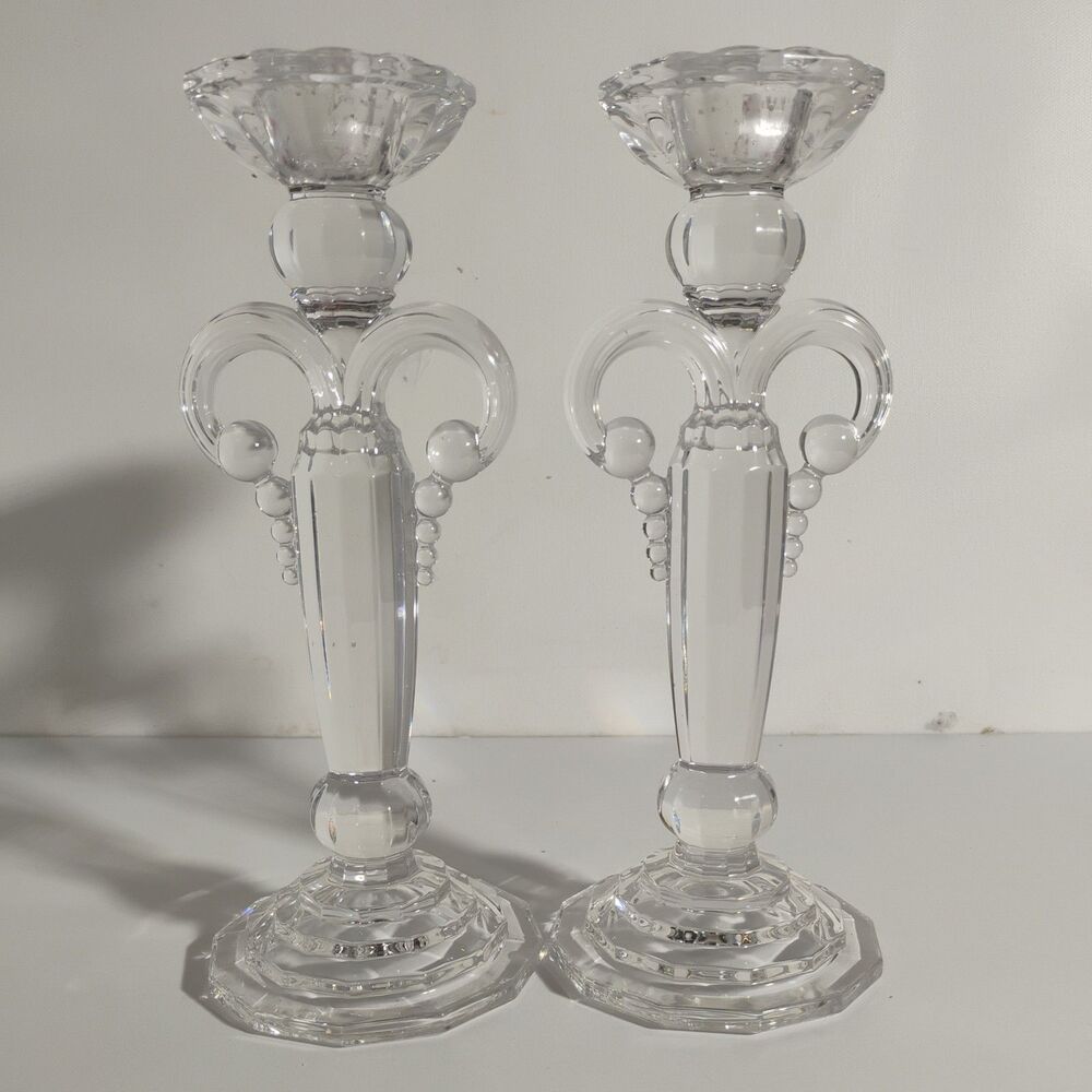 Vintage Handcrafted Crystal Clear Candlestick Holders - Pair - 8.5"